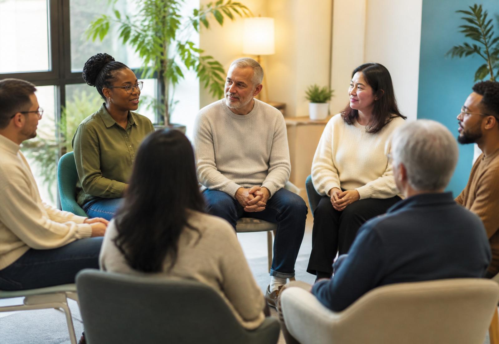Diverse group of facilitators and members sitting in a circle, engaged in welcoming discussion